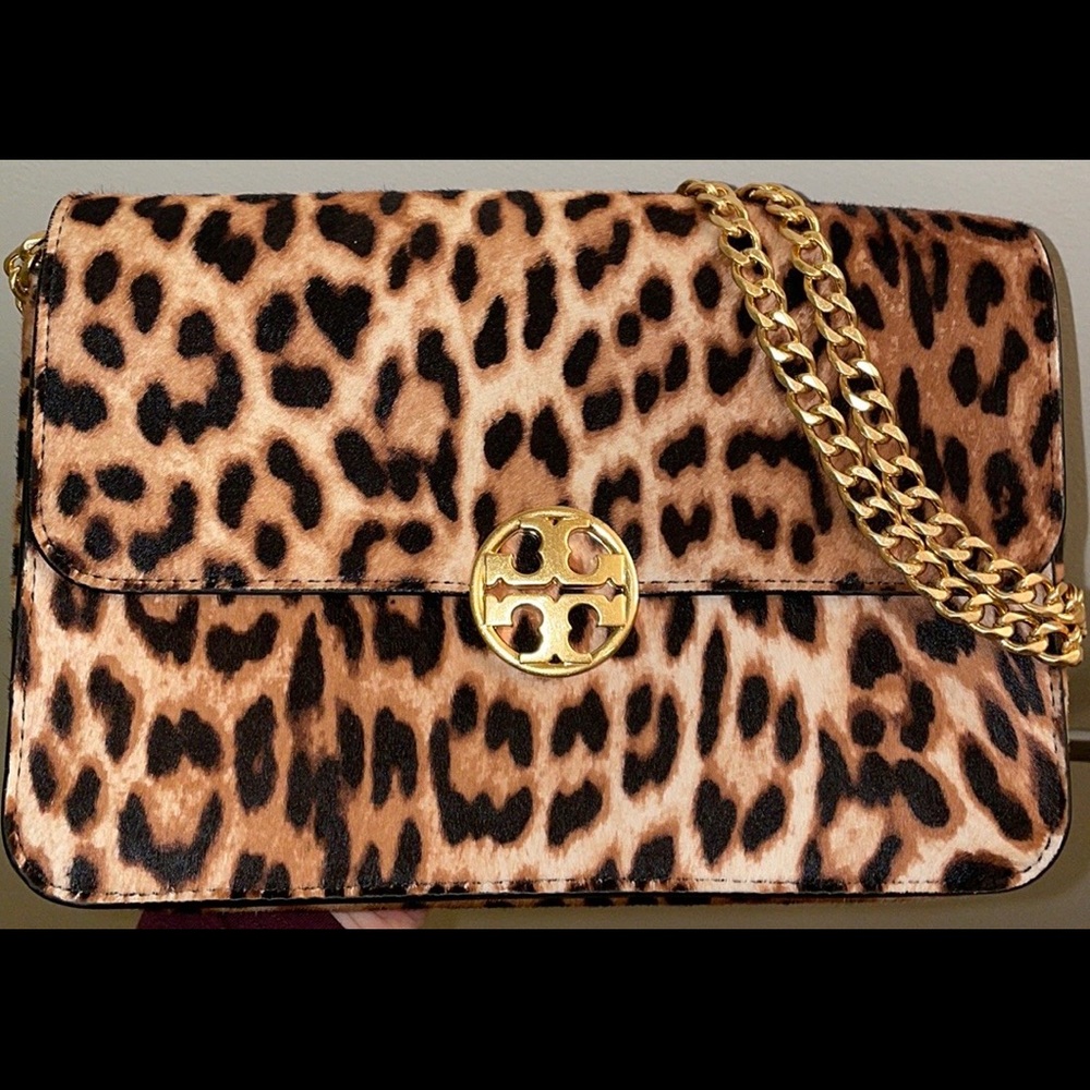 Tory Burch Leopard Print Calf hair gold chain Shoulder or Crossbody Bag